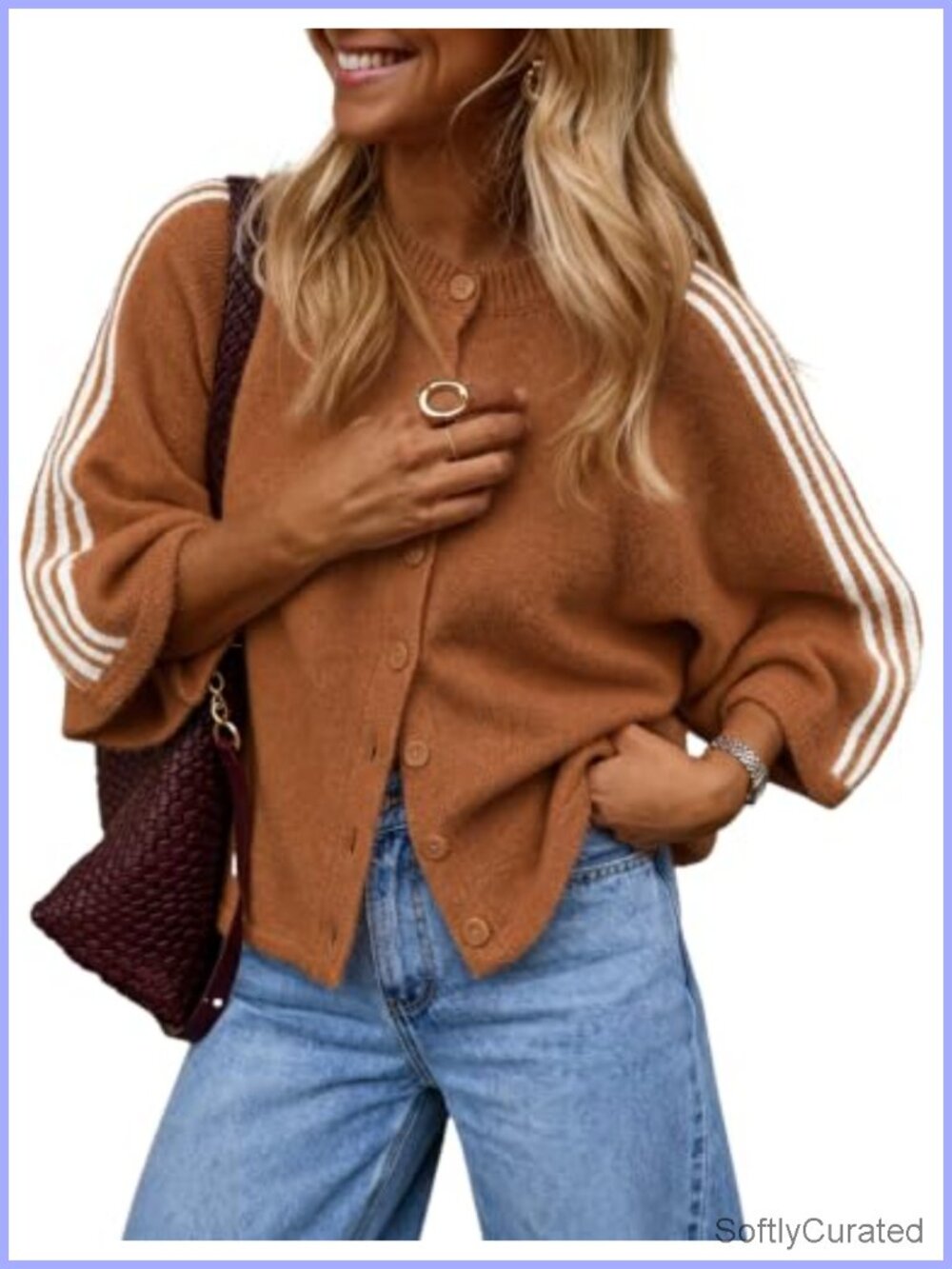 Hongsui Oversized Button Up Cardigan Striped Sleeves Crew Neck Knit